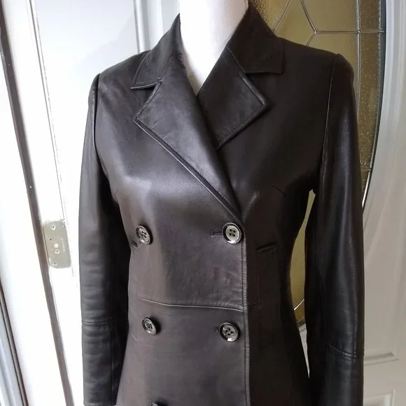 GENUINE Leather Double Breasted Jacket Blazer Coat - Picture 1 of 15